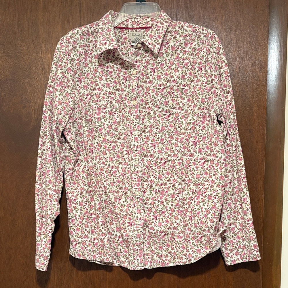 L.L. Bean Pink and White Floral Button-Down Blouse